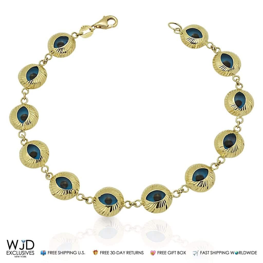 14k Yellow Gold Evil Eye Good Luck Charm Cable Bracelet 7.5"