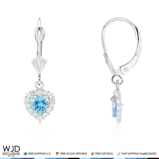 1Ct CZ 14K White Gold Blue Topaz Heart Dangle Leverback Earrings