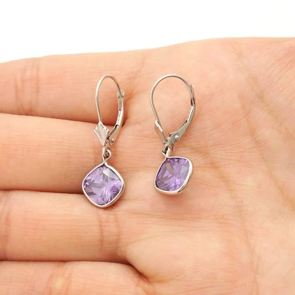 14k White Gold Square Bezel Simulated Birthstone Drop Leverback Earrings