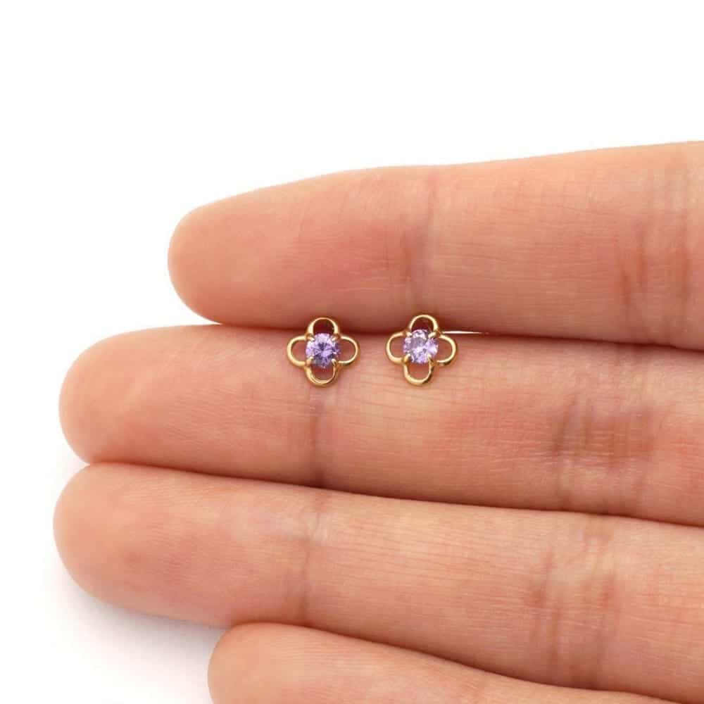 14k Yellow Gold Round Birthstone Quatrefoil Stud Screw Back Earrings