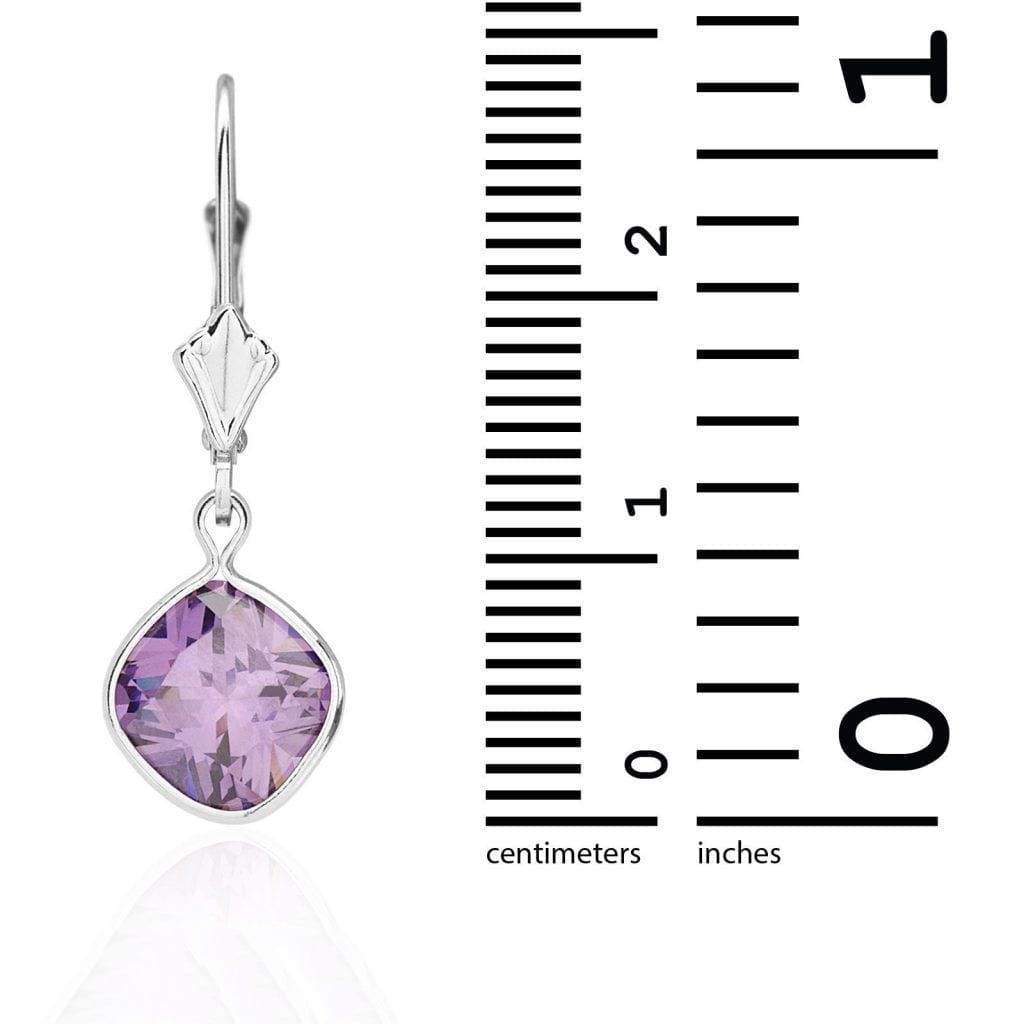 14k White Gold Square Bezel Simulated Birthstone Drop Leverback Earrings