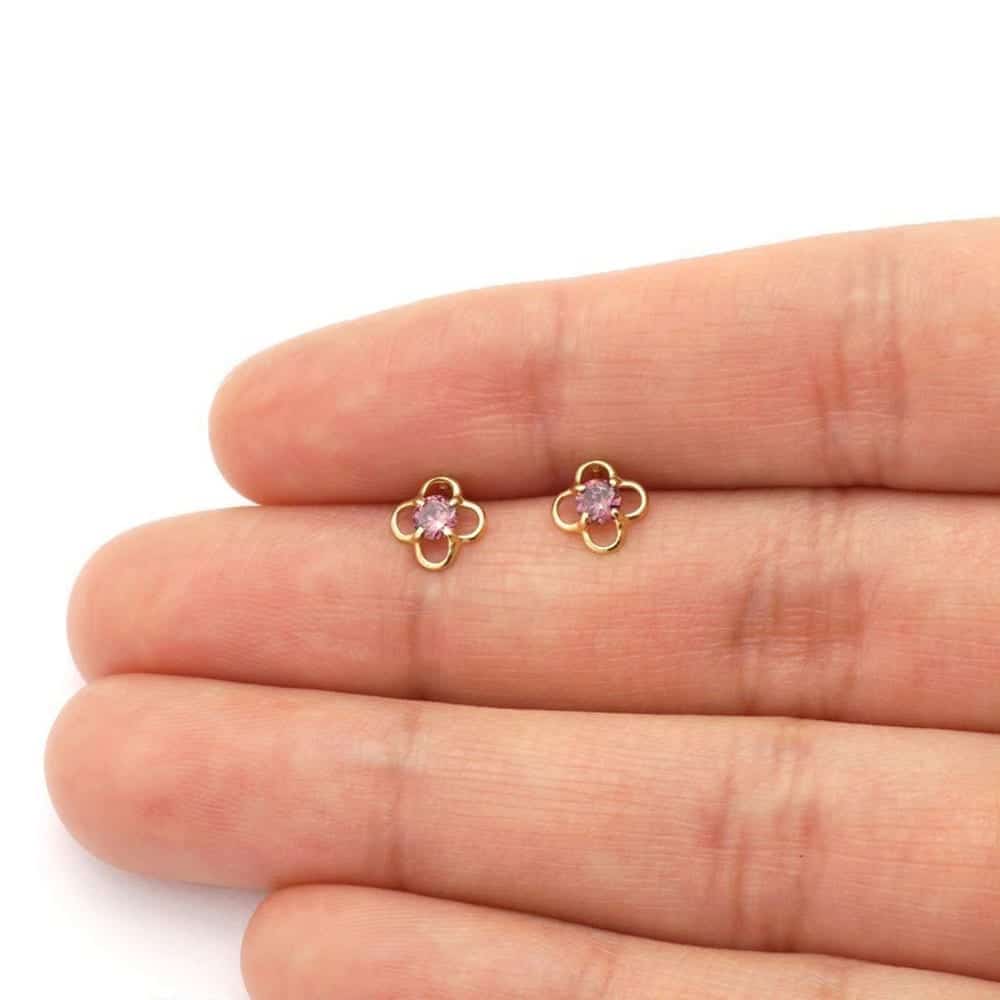 14k Yellow Gold Round Birthstone Quatrefoil Stud Screw Back Earrings