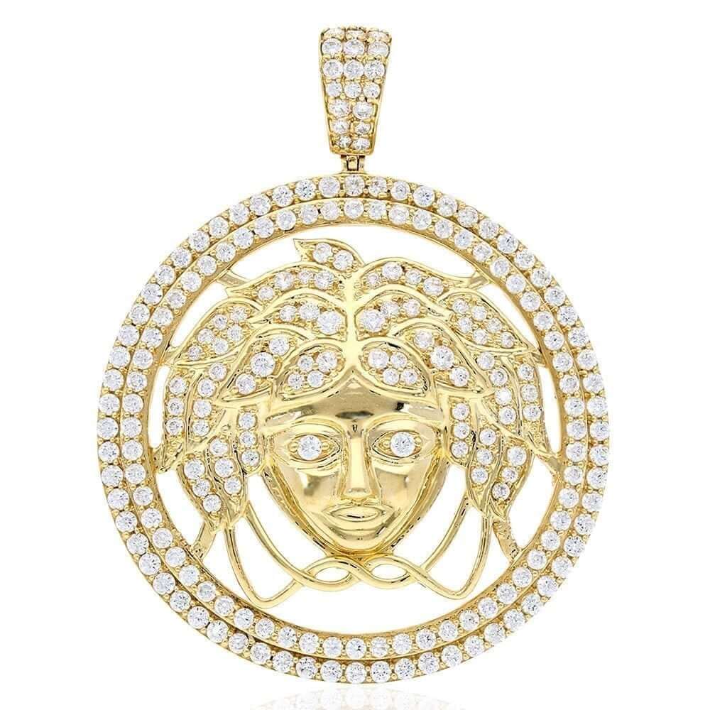 6Ct CZ 10k Yellow Gold Medusa Head Round Pendant 2"