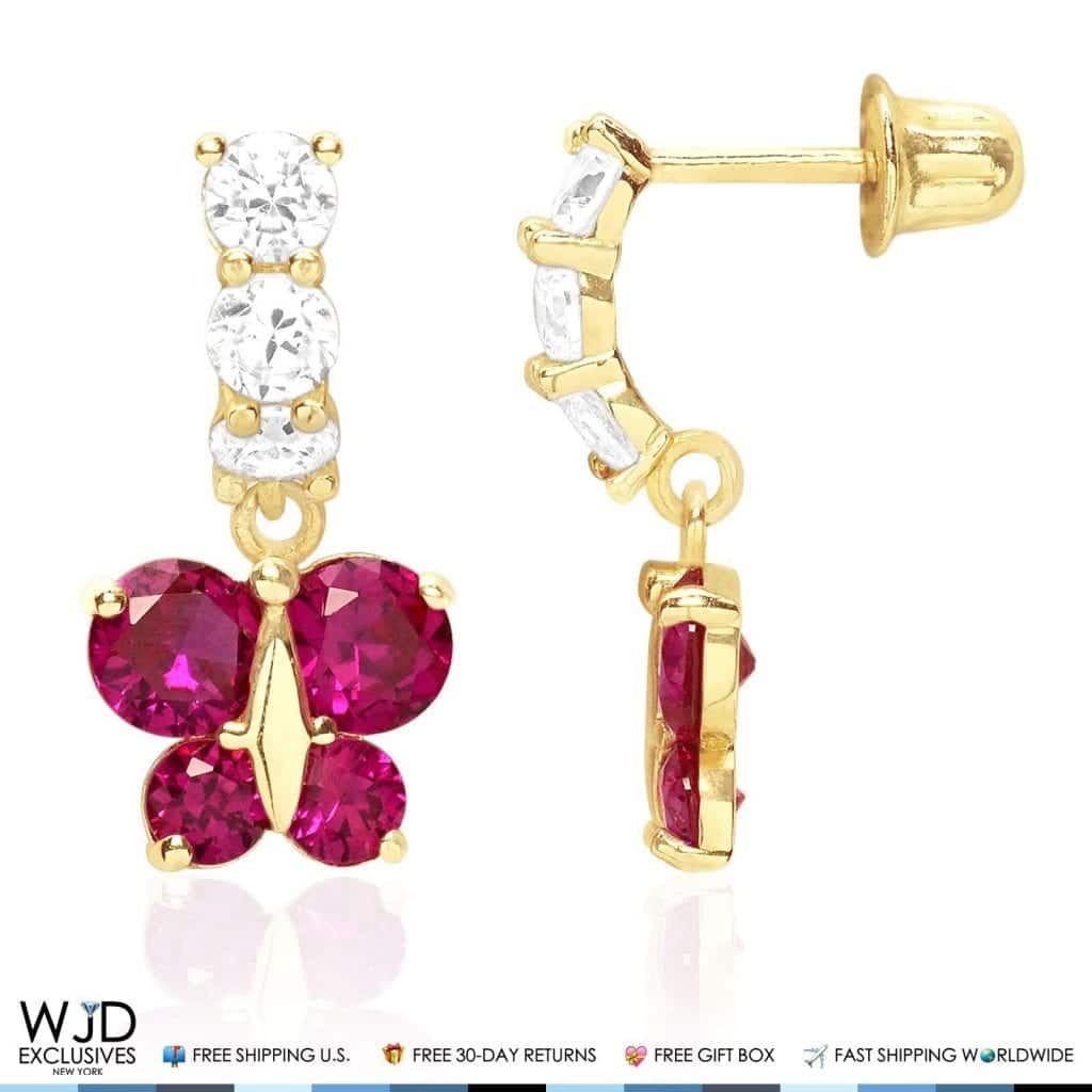 14K Yellow Gold CZ Birthstone Butterfly Earrings 15mm
