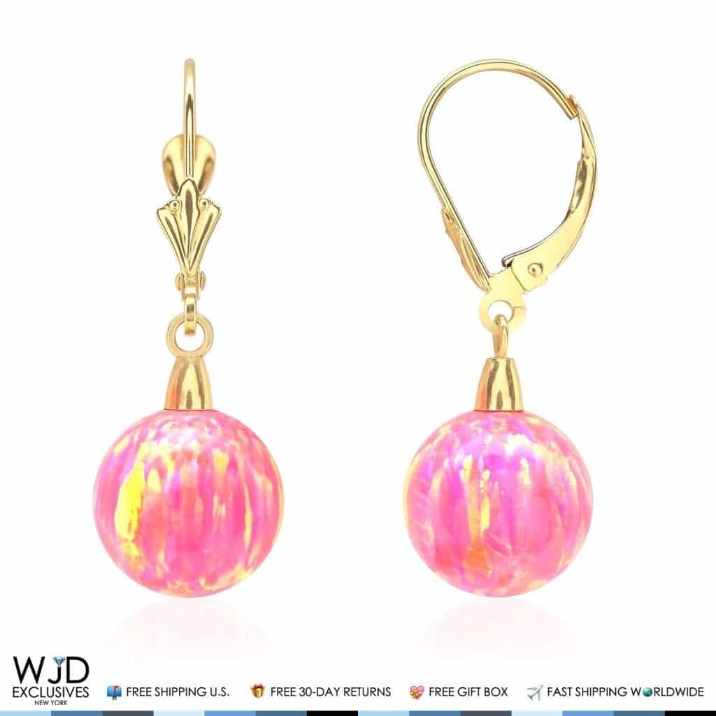 14K Yellow Gold 6mm-10mm Ball Peach Pink Fire Opal Leverback Dangle Earrings