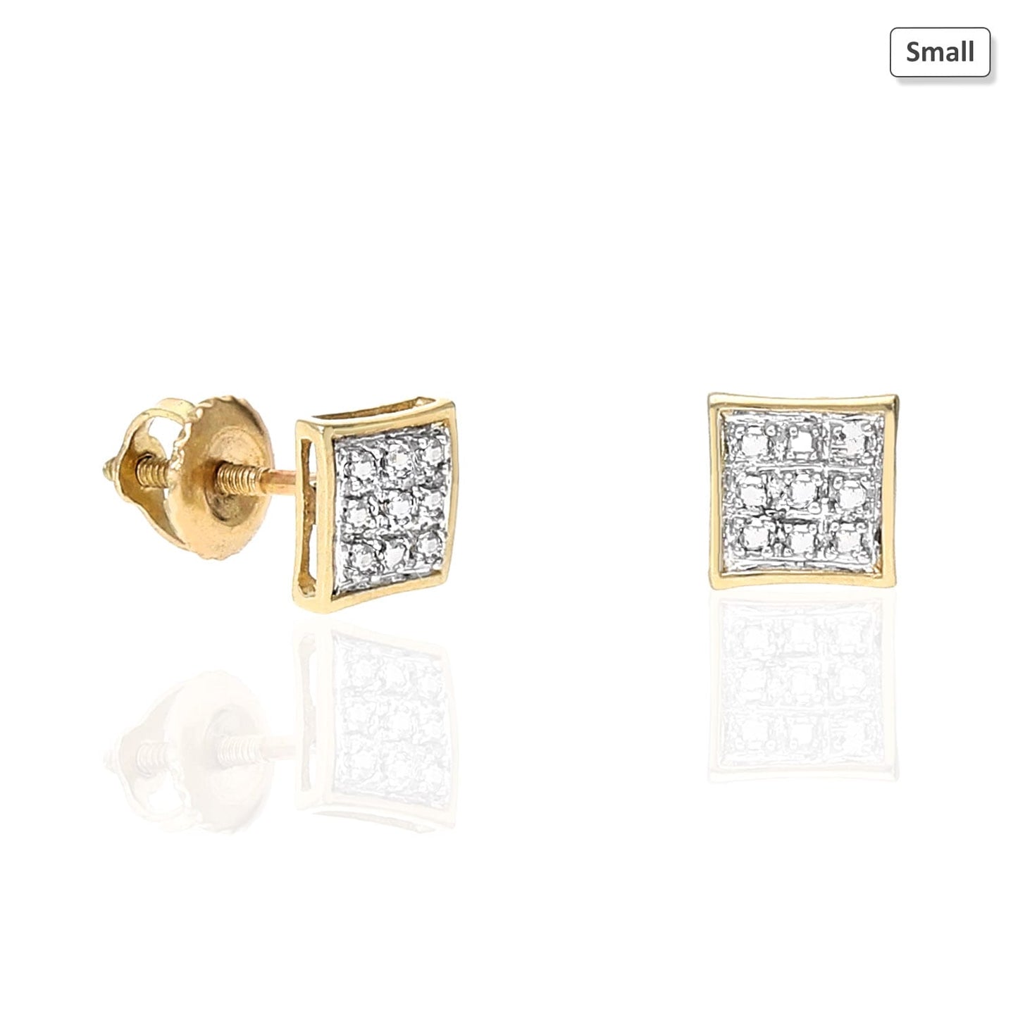 10K Yellow Gold Micro Pave Real Diamond Square Stud Earrings 0.07Ct -0.30Ct