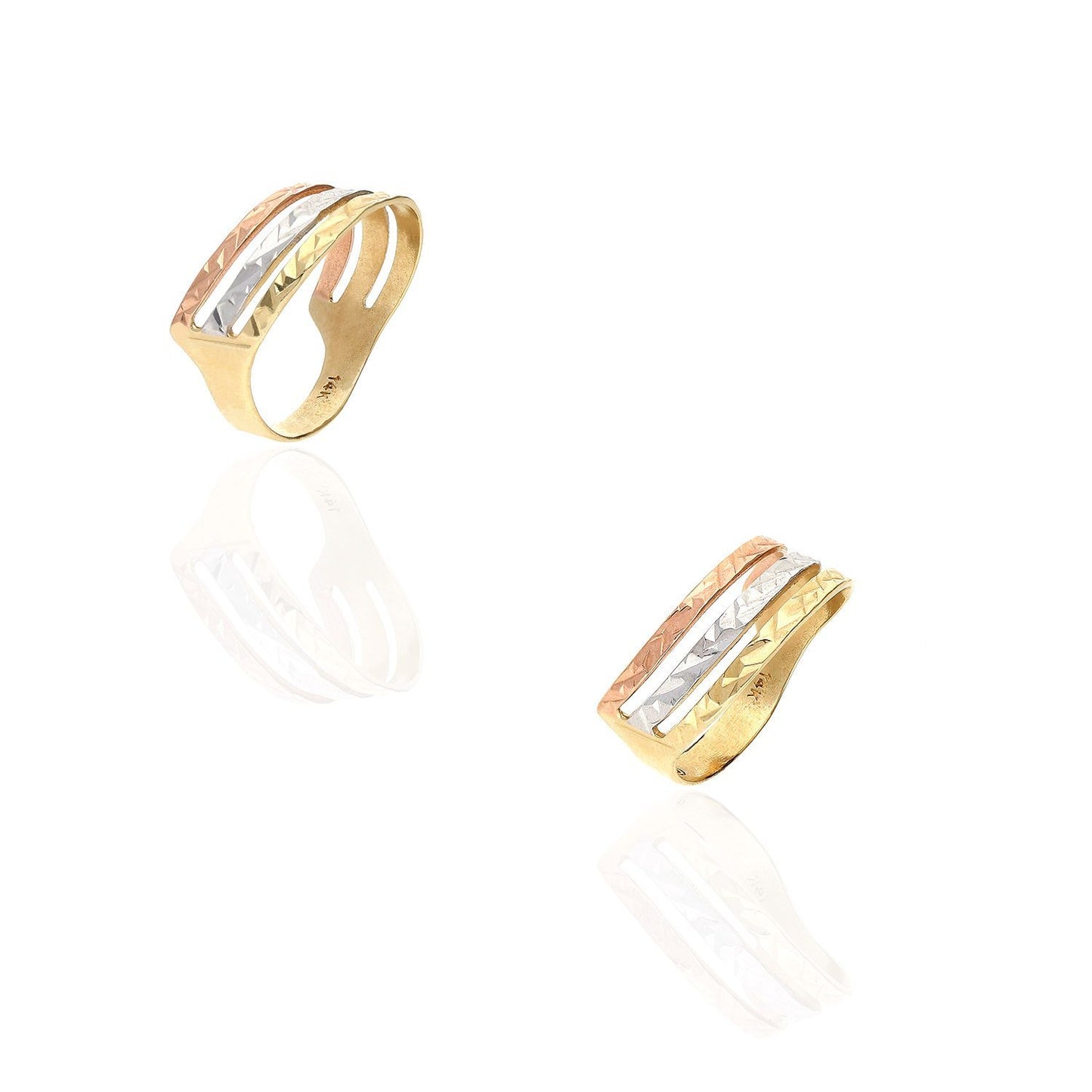 14K Real Gold Tri Color Yellow Rose White Diamond Cut Semanario Style Band Ring