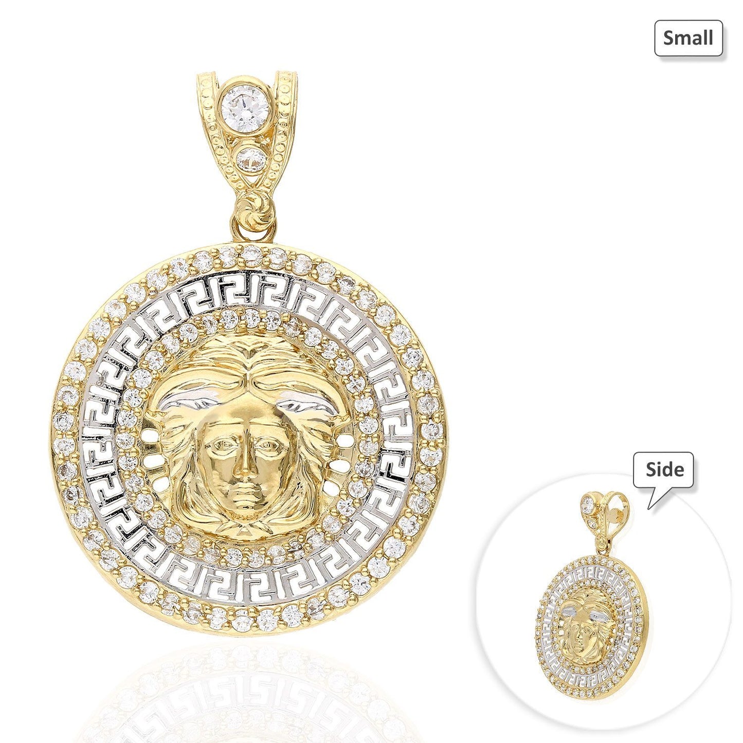 10K Yellow Gold CZ Fancy Medusa Head Medallion Pendant 32mm-37mm