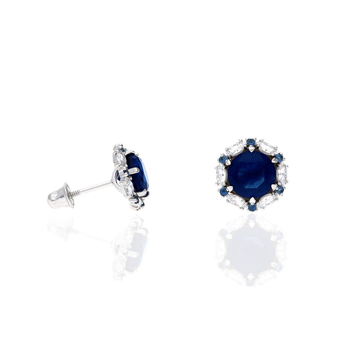 14K Solid White Gold Round And Marquise Gem Birthstone Halo Stud Earrings