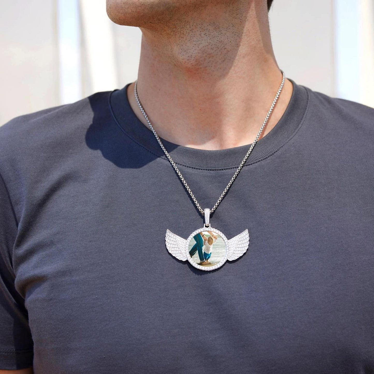 White Gold Over Silver CZ Angel Wing Picture Frame Memory Pendant