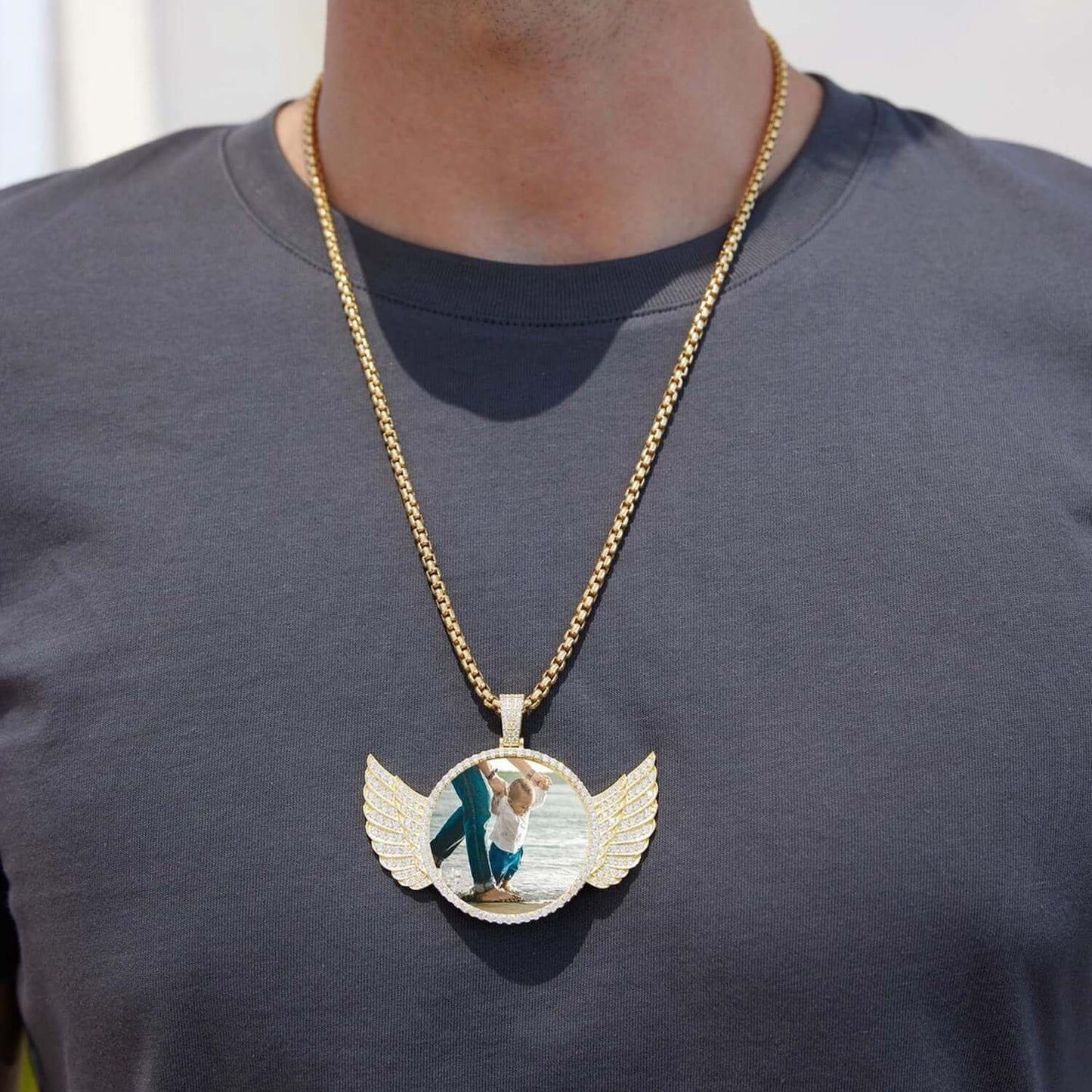 18k Yellow Gold Over Silver CZ Angel Wings Picture Memory Pendant
