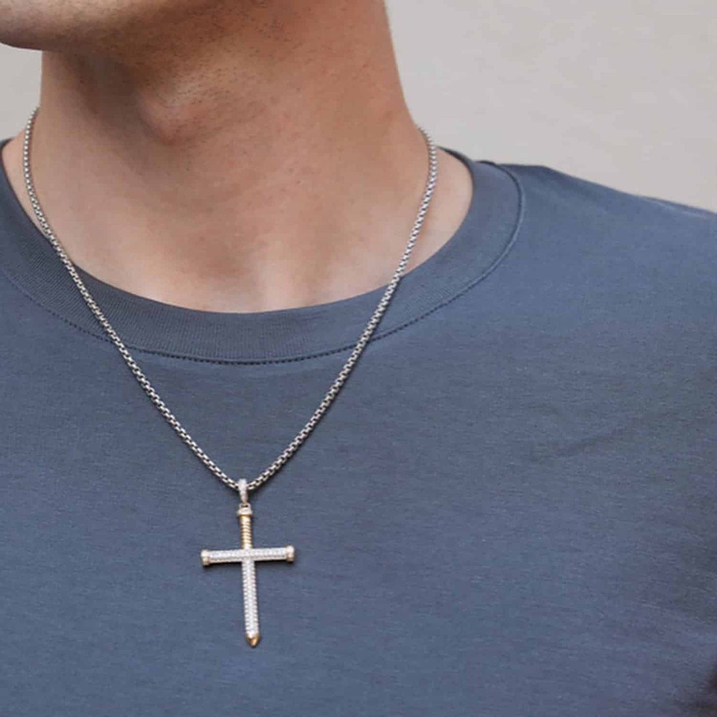 14K Yellow Gold CZ Pave Screw Nail Cross Pendant 2.1"