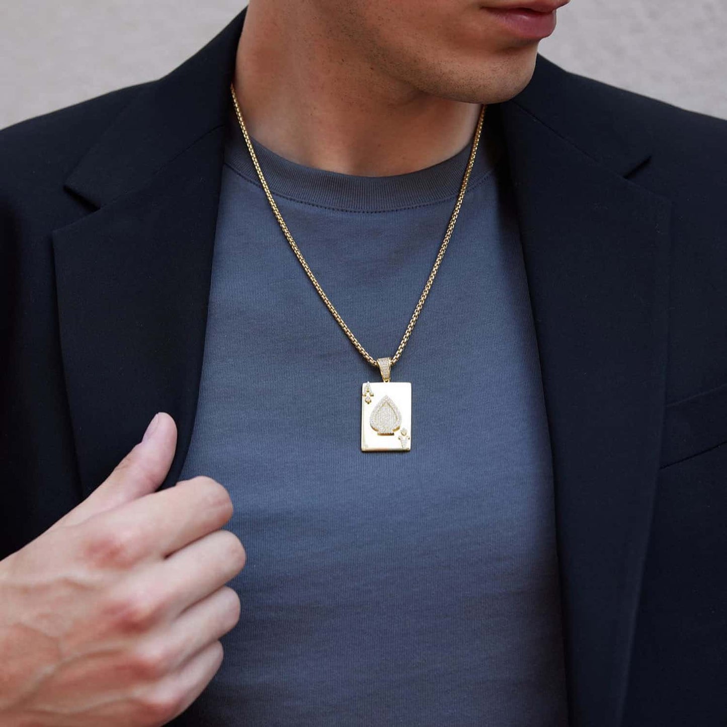 Gold Over Sterling Silver CZ Ace Of Spade Poker Card Pendant 1.7"