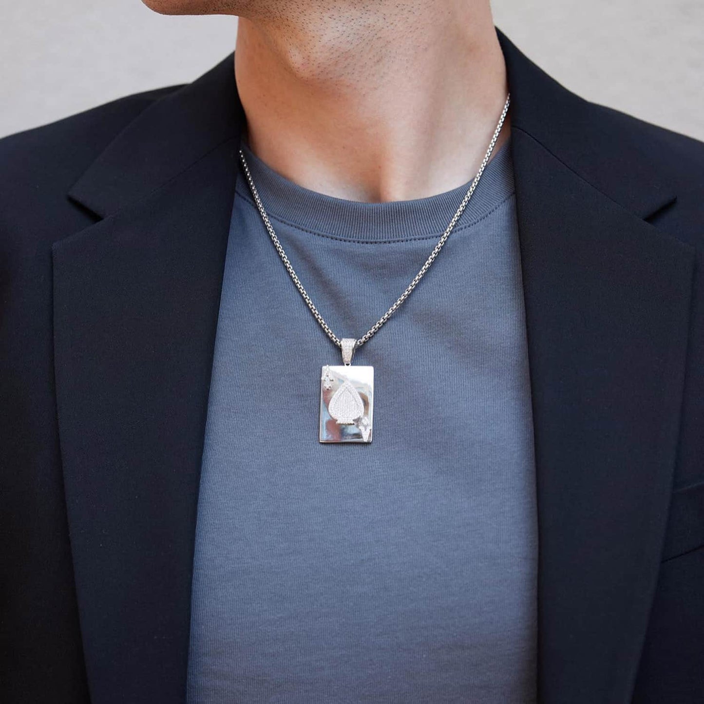 Gold Over Sterling Silver CZ Ace Of Spade Poker Card Pendant 1.7"