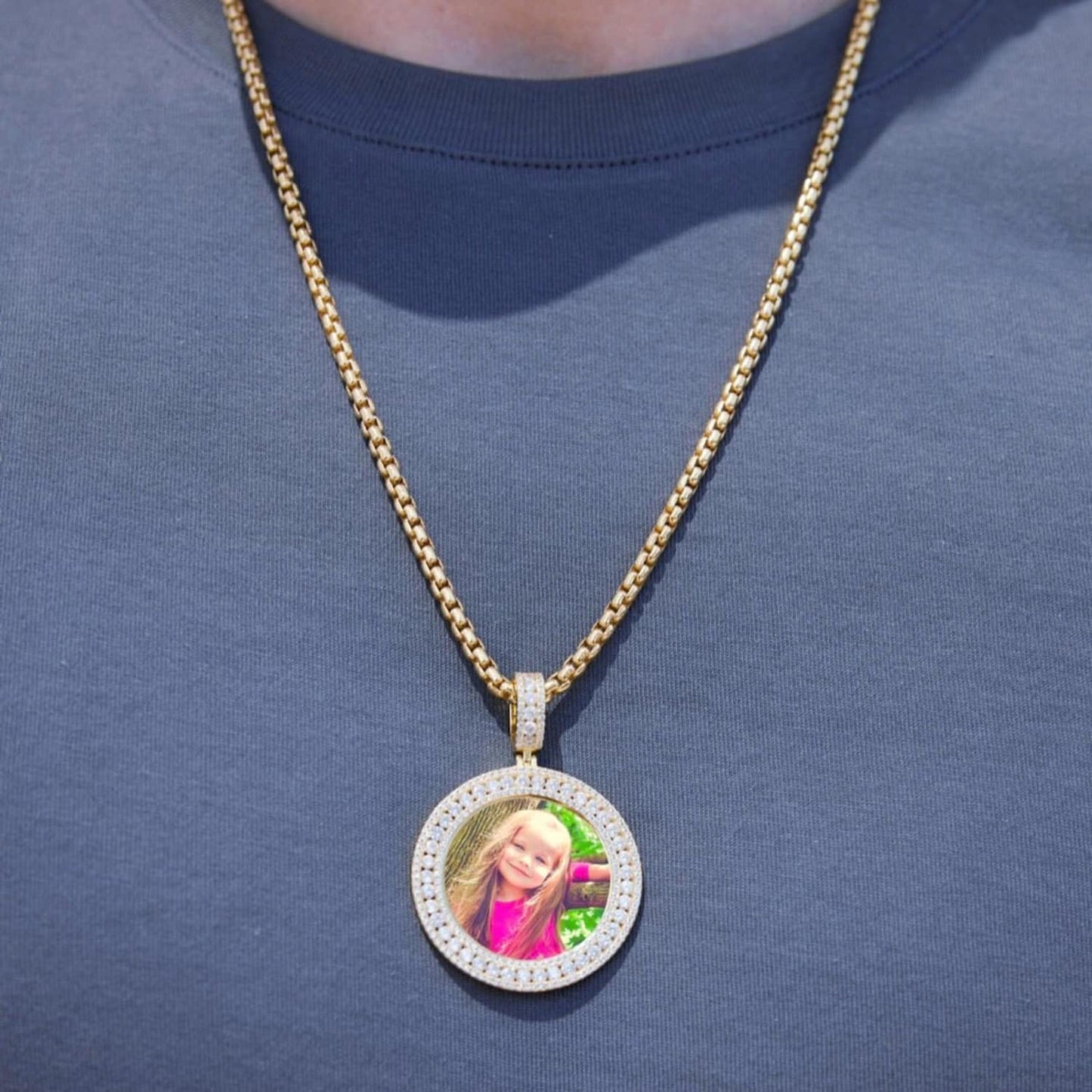 18K Gold Over Silver CZ Frame Round Picture Memory Medallion 2.1"