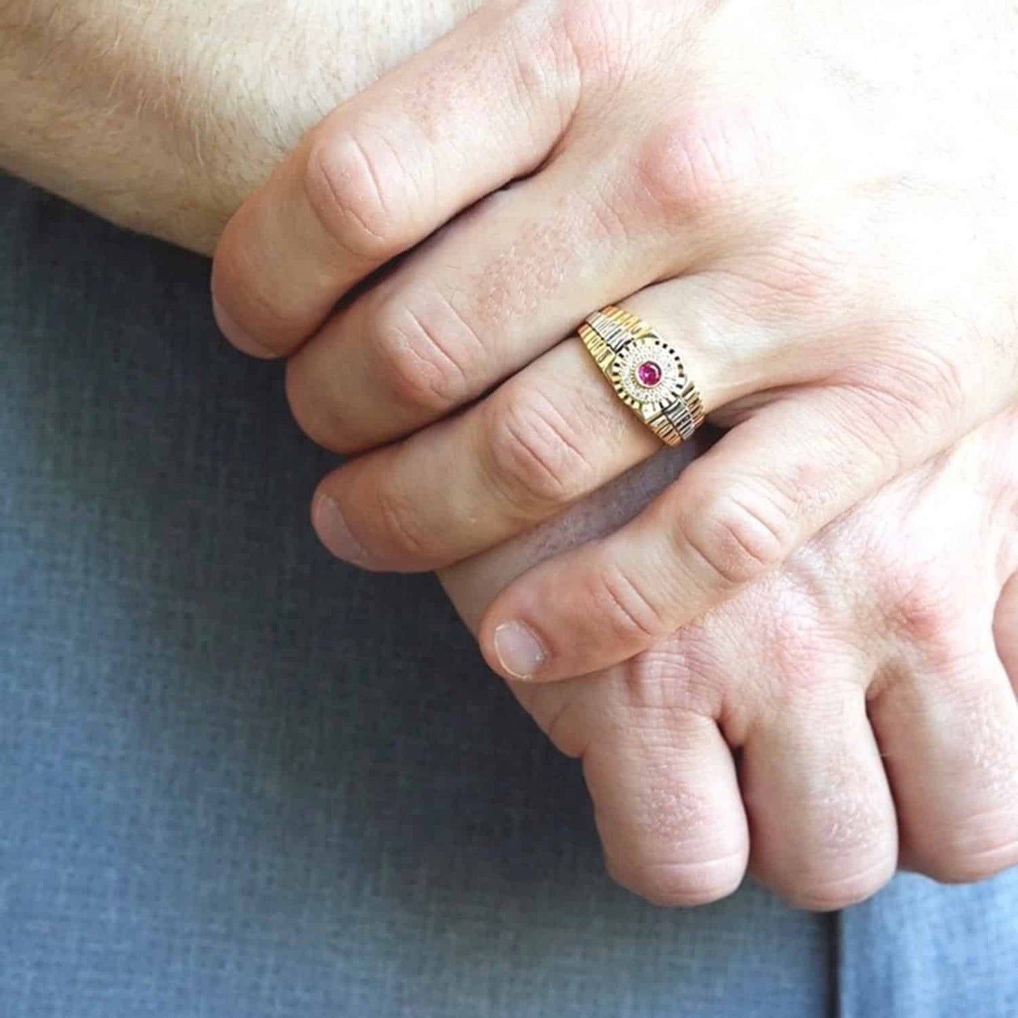 14K Gold Red Ruby CZ Jubilee Signet Ring