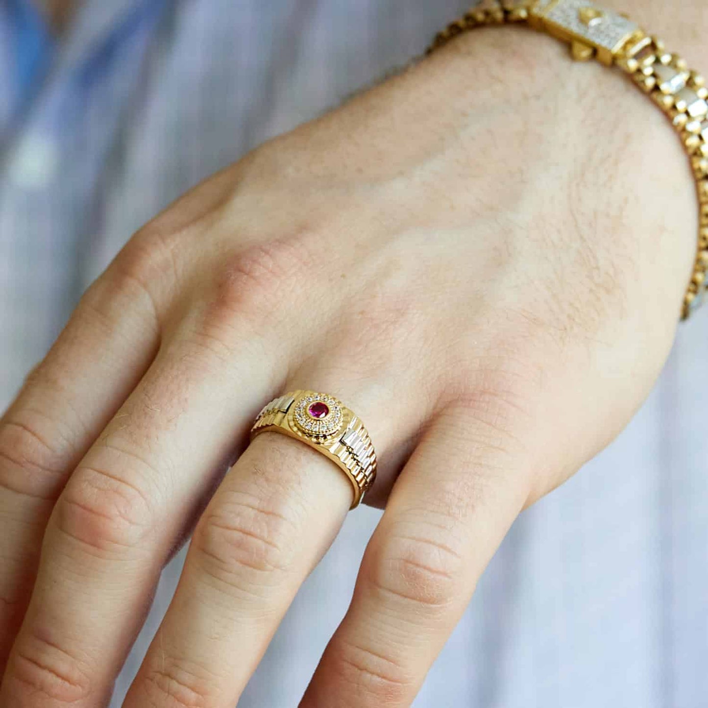 14K Gold Red Ruby CZ Jubilee Signet Ring