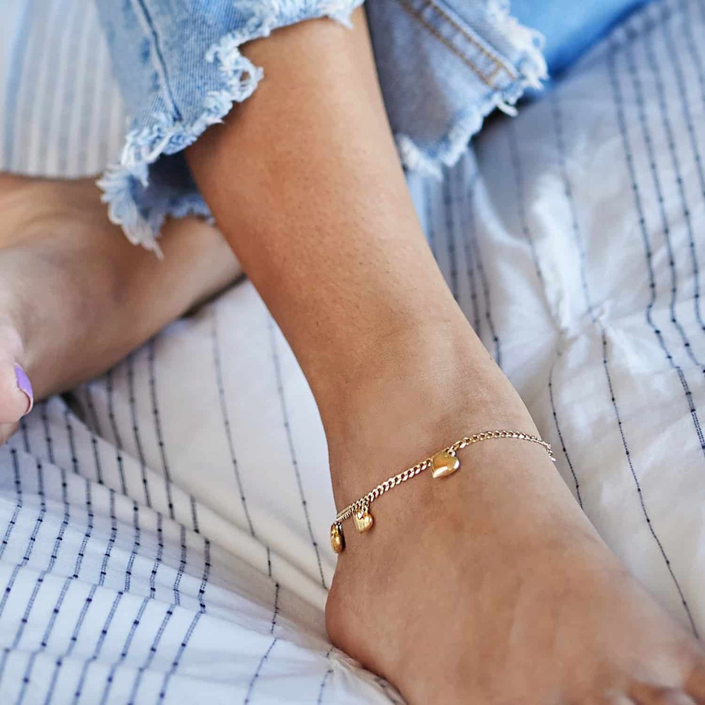 14K Yellow Gold Puffed Hearts Charm Cuban Anklet Bracelet 9"-10" Adjustable