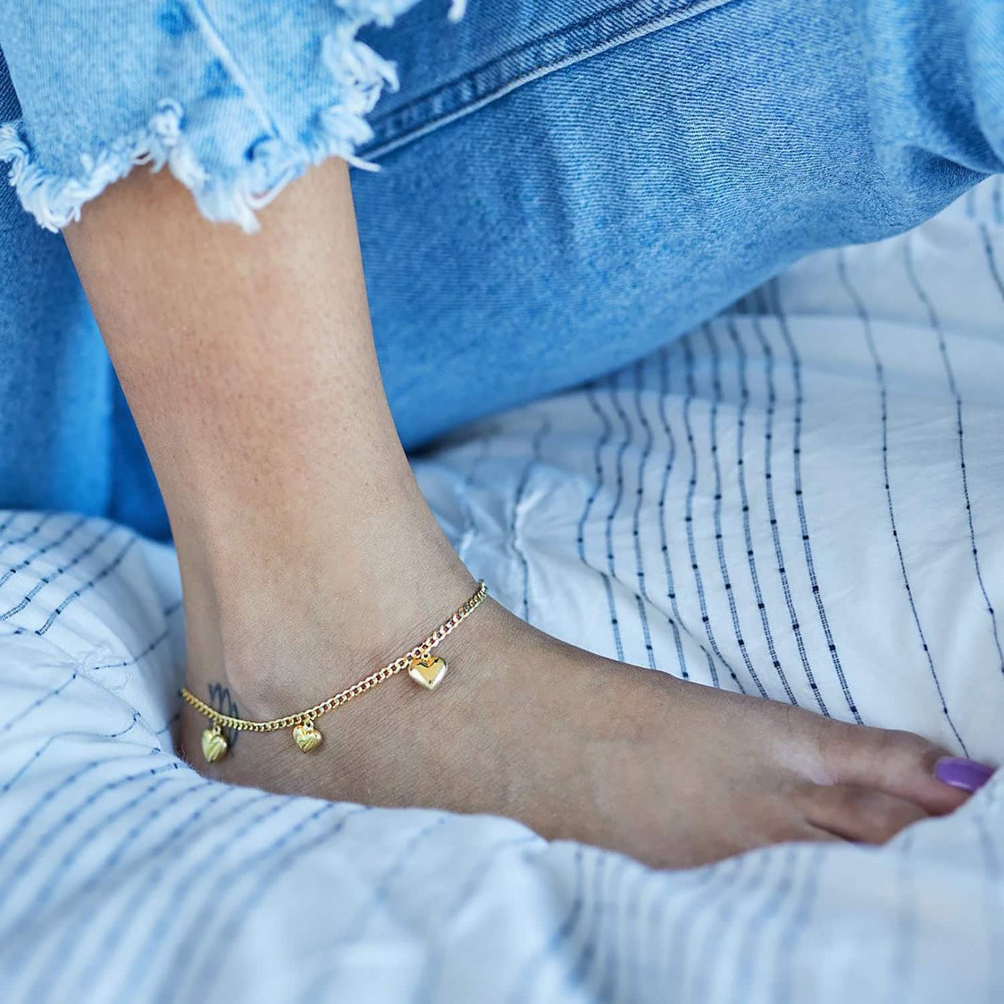 14K Yellow Gold Puffed Hearts Charm Cuban Anklet Bracelet 9"-10" Adjustable