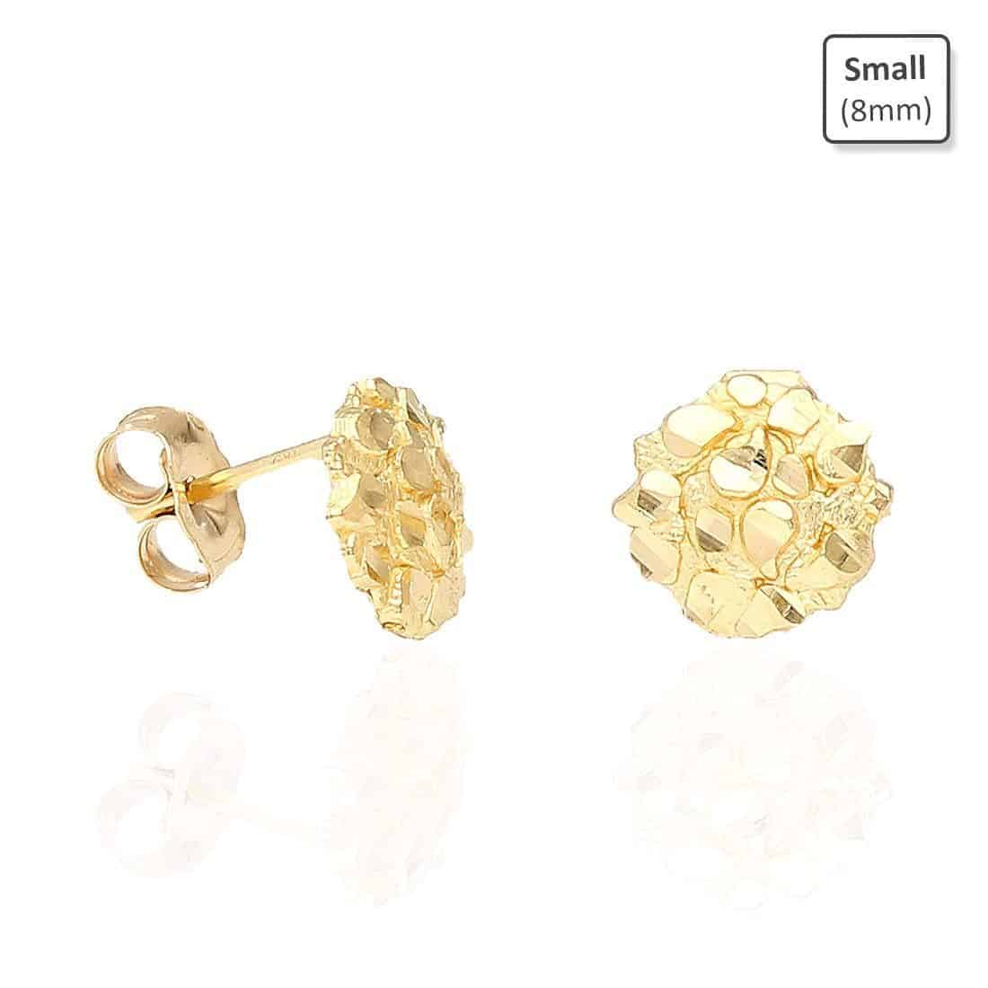 10K Real Gold Round Nugget Pushback Stud Earrings 8mm, 10mm, 15mm