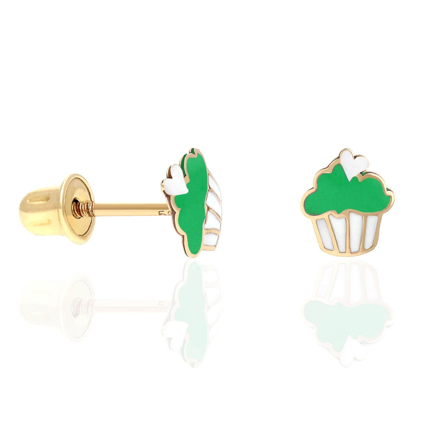 Kid's 14K Solid Yellow Gold Enameled Small Cupcake Screw Back Stud Earrings
