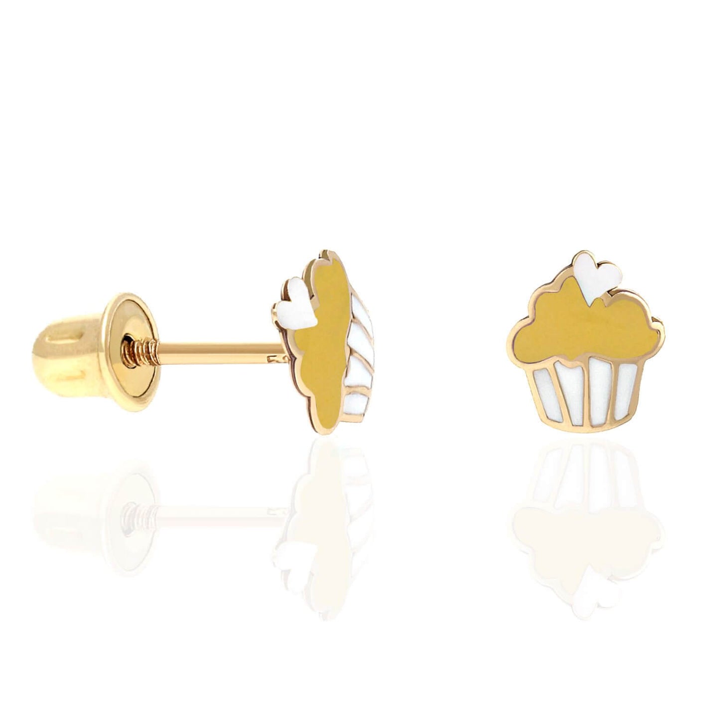 Kid's 14K Solid Yellow Gold Enameled Small Cupcake Screw Back Stud Earrings