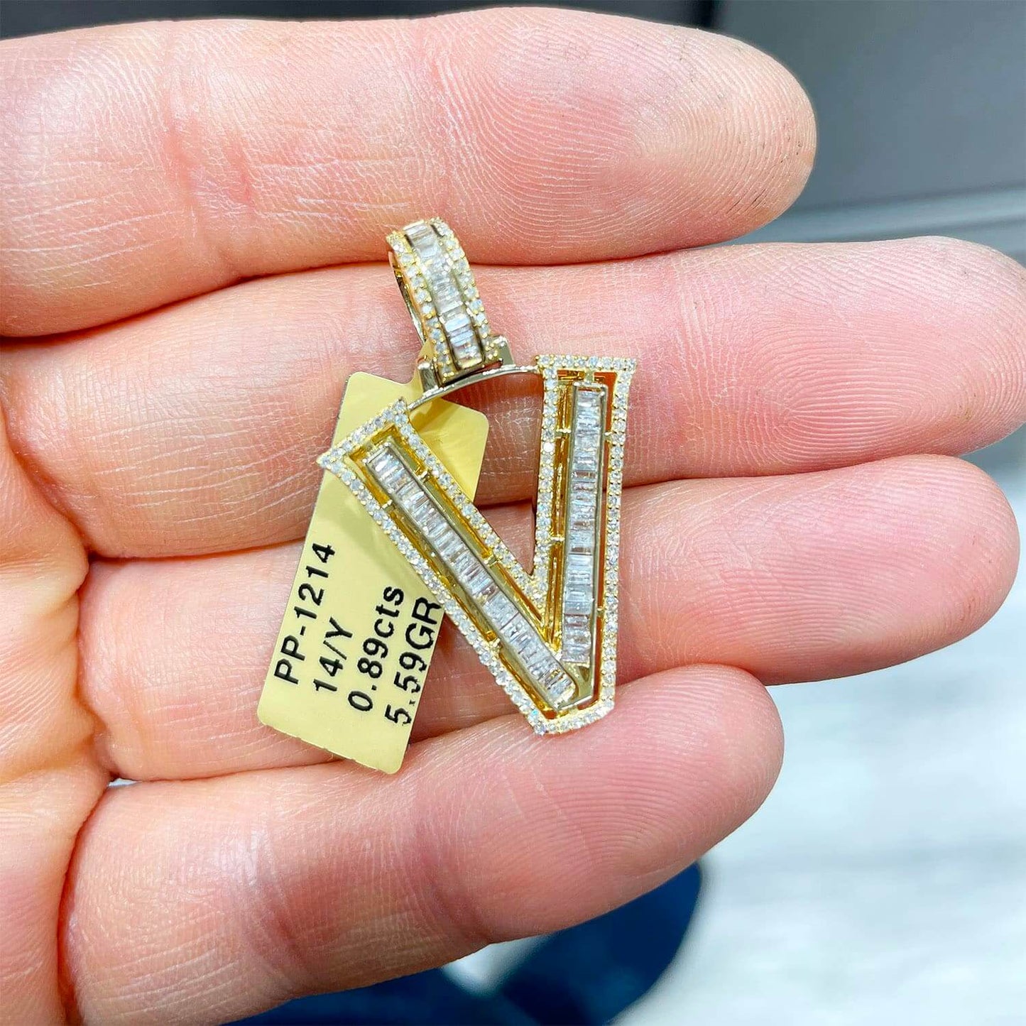 1.1CTW Natural Diamond Baguette 14K Yellow Gold Initial Letter Pendant 1.5"