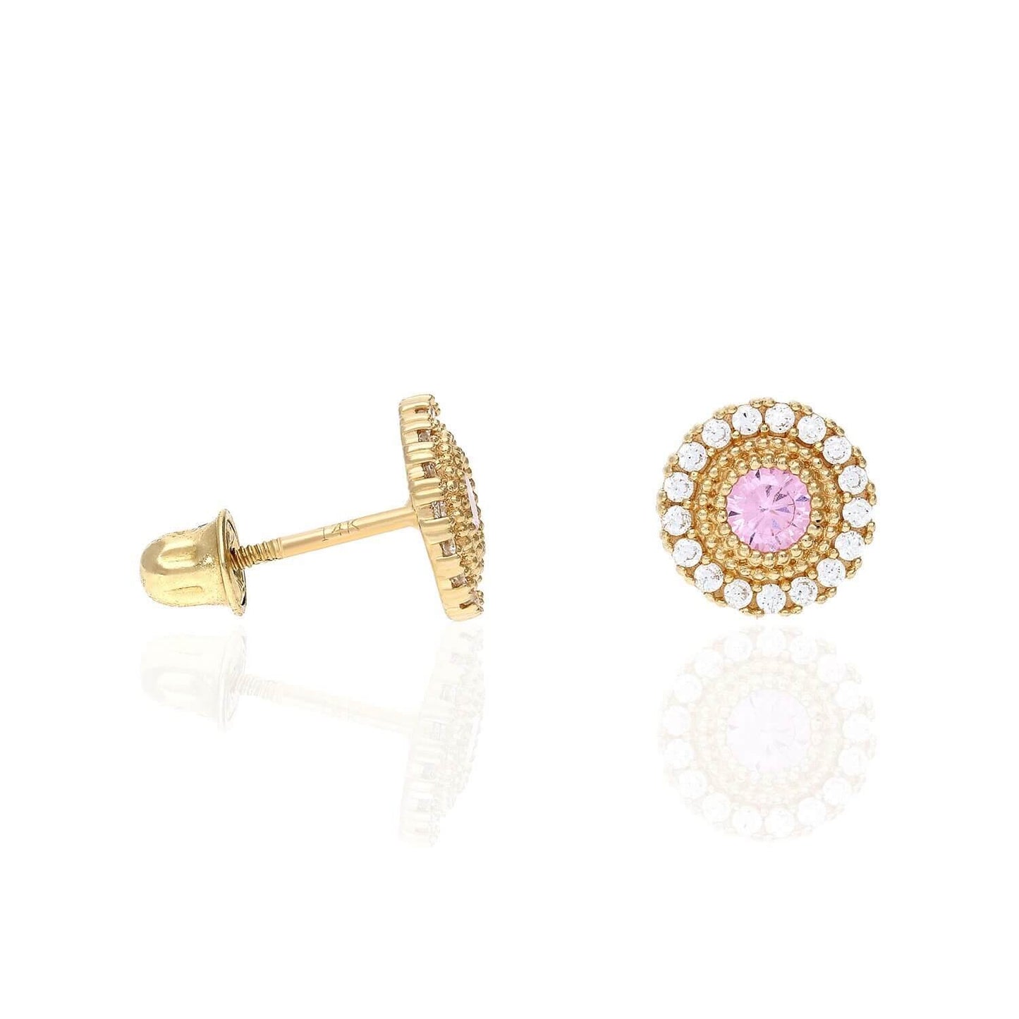 14K Yellow Gold Color Gemstone Round Halo Fancy Birthstone Screw Stud Earrings