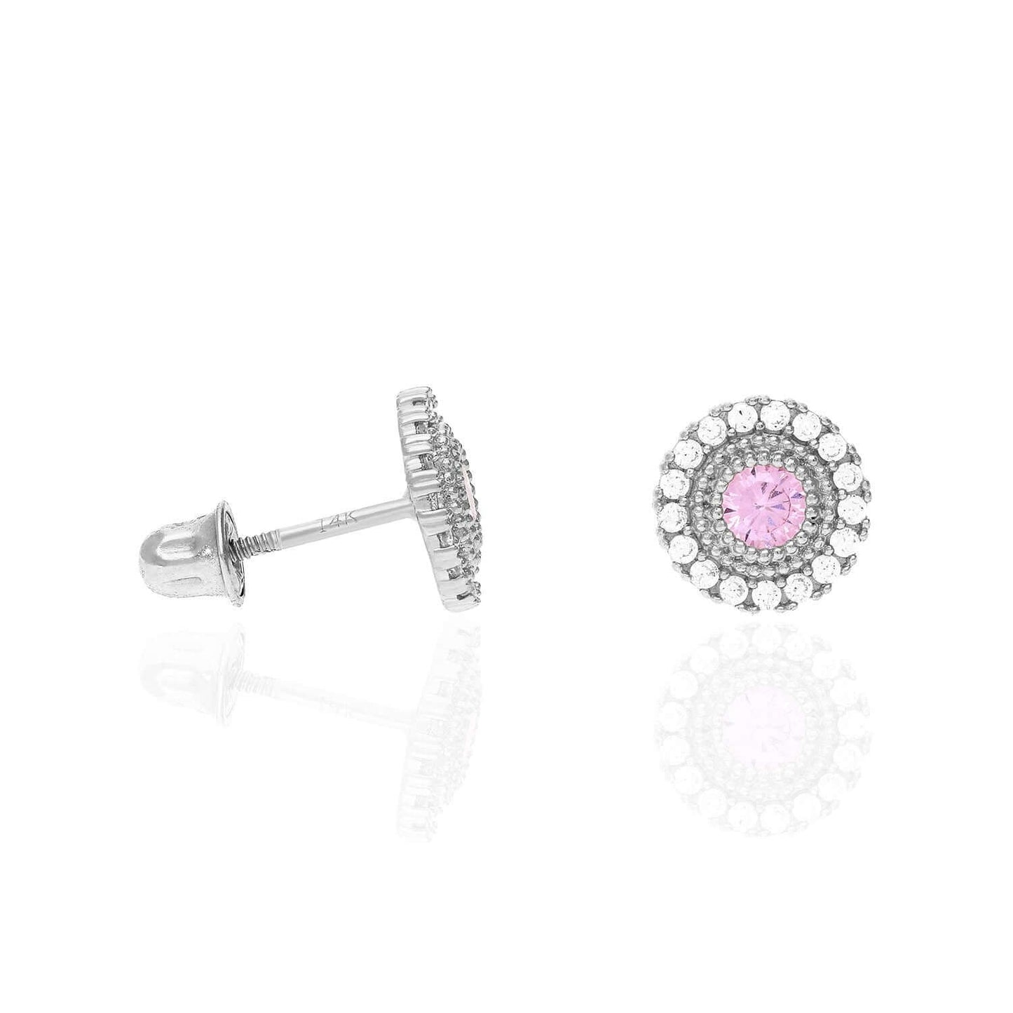 14K White Gold Color Gemstone Round Halo Fancy Birthstone Screw Stud Earrings