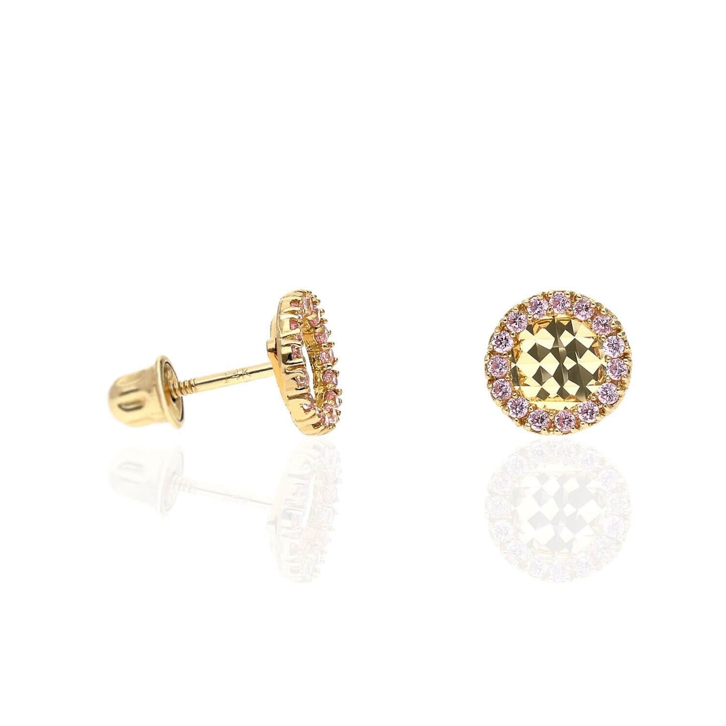 14K Yellow Gold Diamond-Cut Gemstone Round Halo 7mm Screw Back Stud Earrings