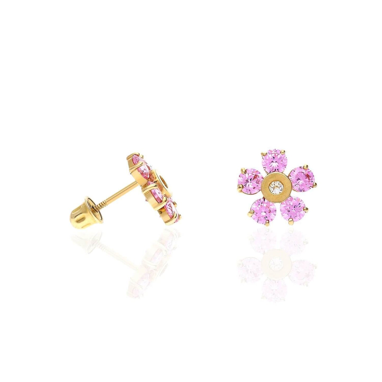 14K Yellow Gold Color Gemstone Flower Screw Back Stud Earrings