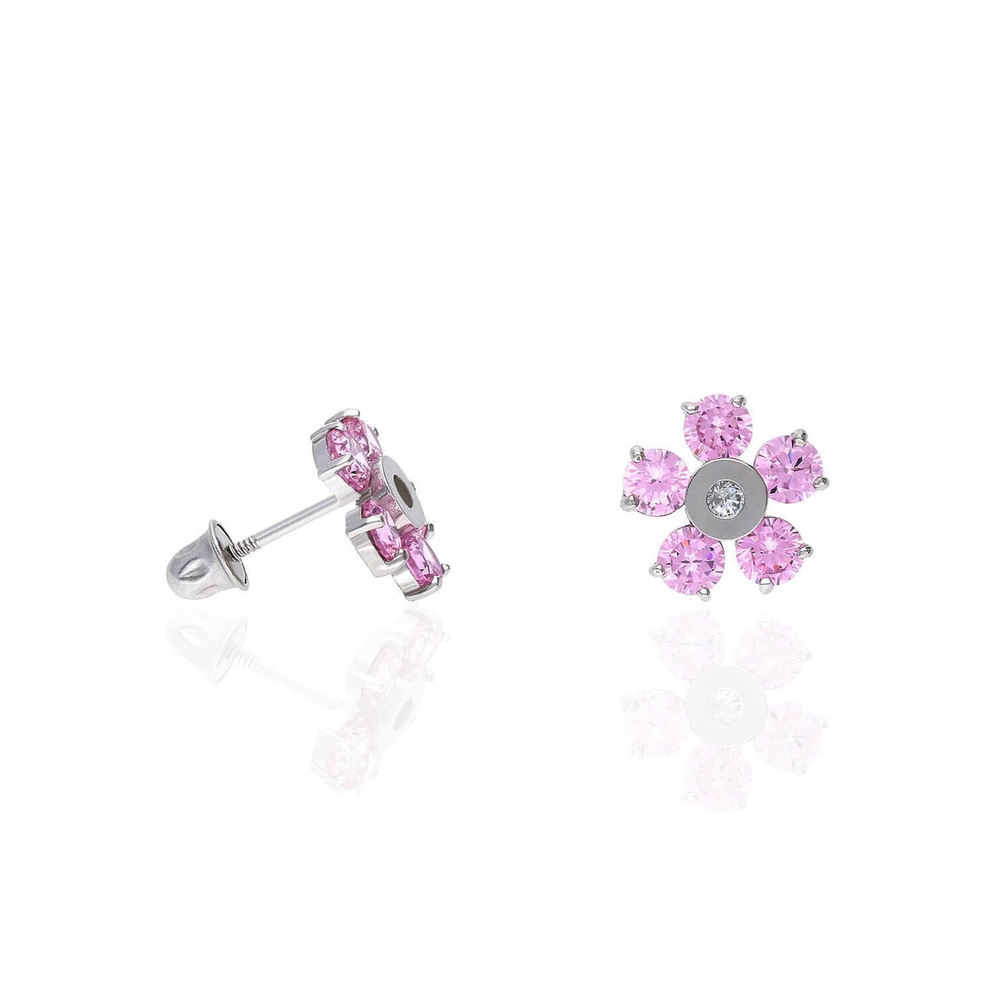 14K White Gold Color Gemstone Flower Screw Back Stud Earrings