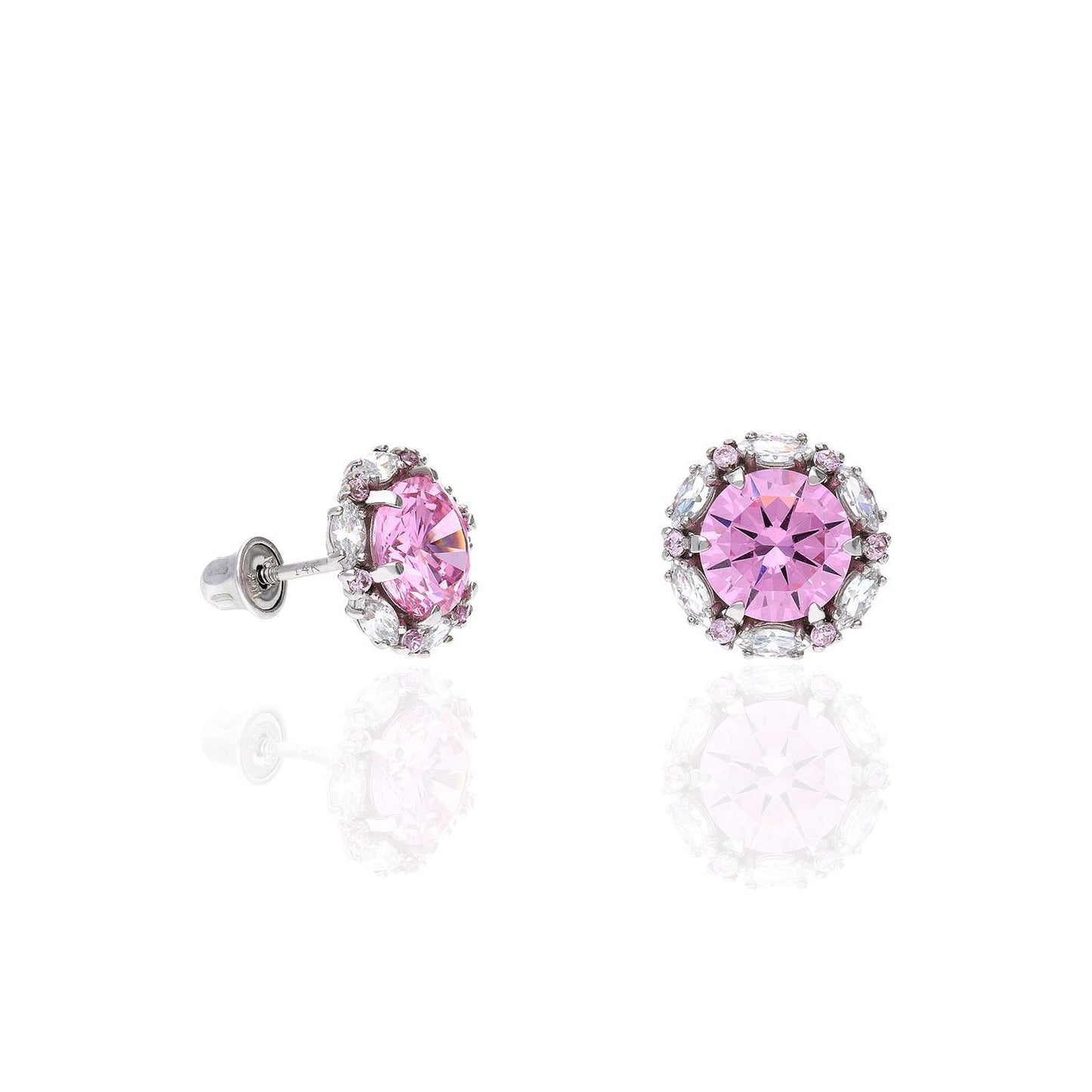 14K Solid White Gold Round And Marquise Gem Birthstone Halo Stud Earrings