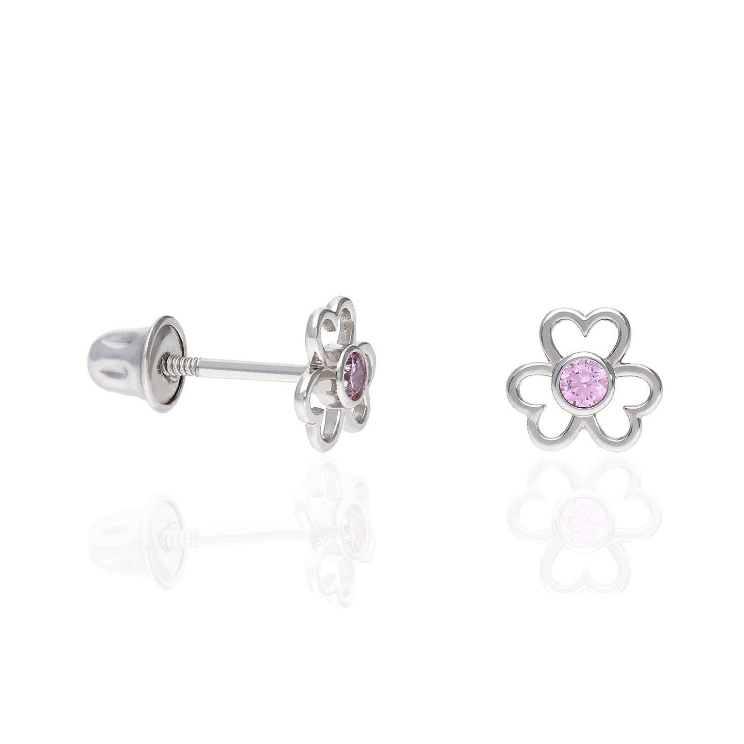 14K White Gold Open Flower Bezel Set Gemstone Kids Screw Back Stud Earrings