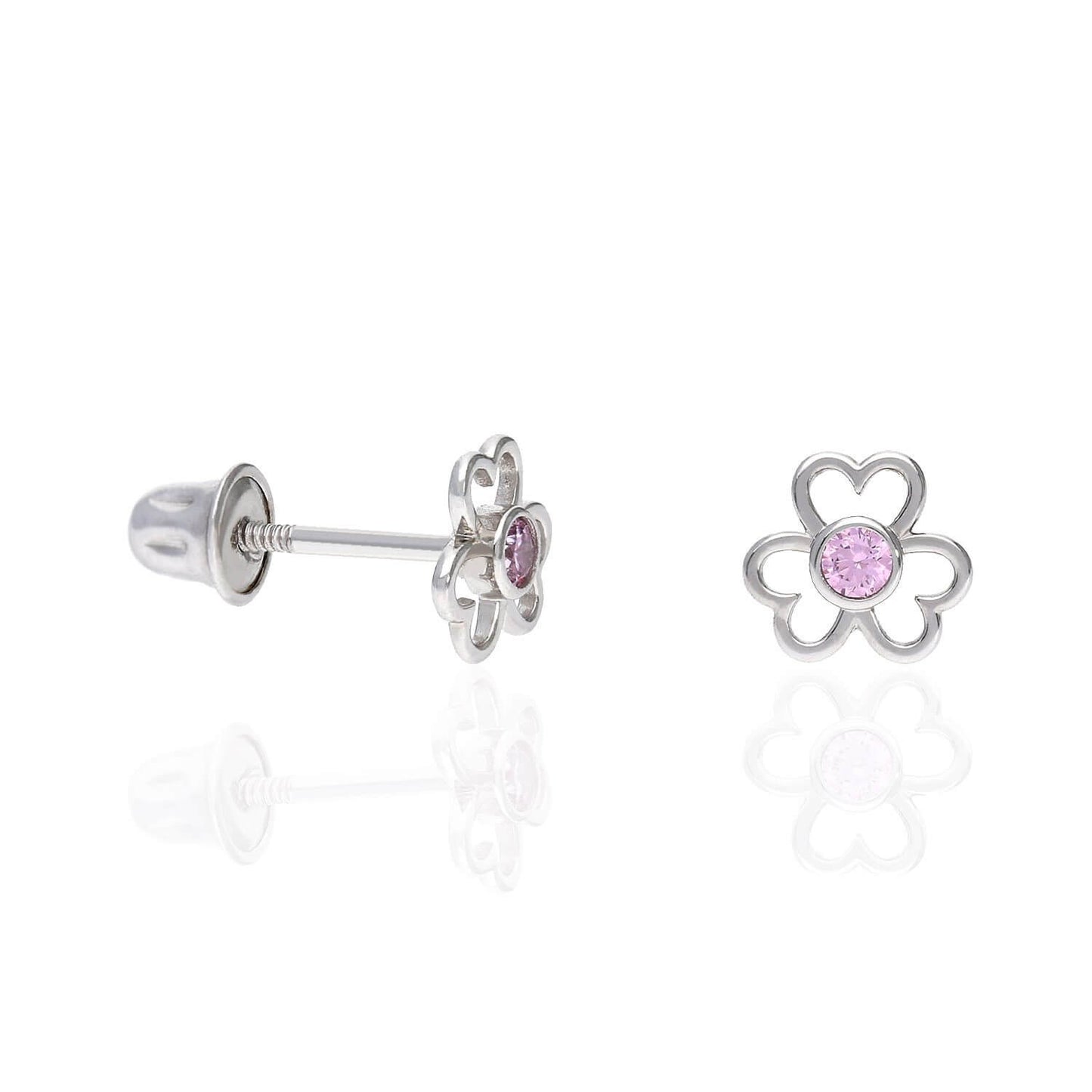 14K White Gold Open Flower Bezel Set Gemstone Kids Screw Back Stud Earrings
