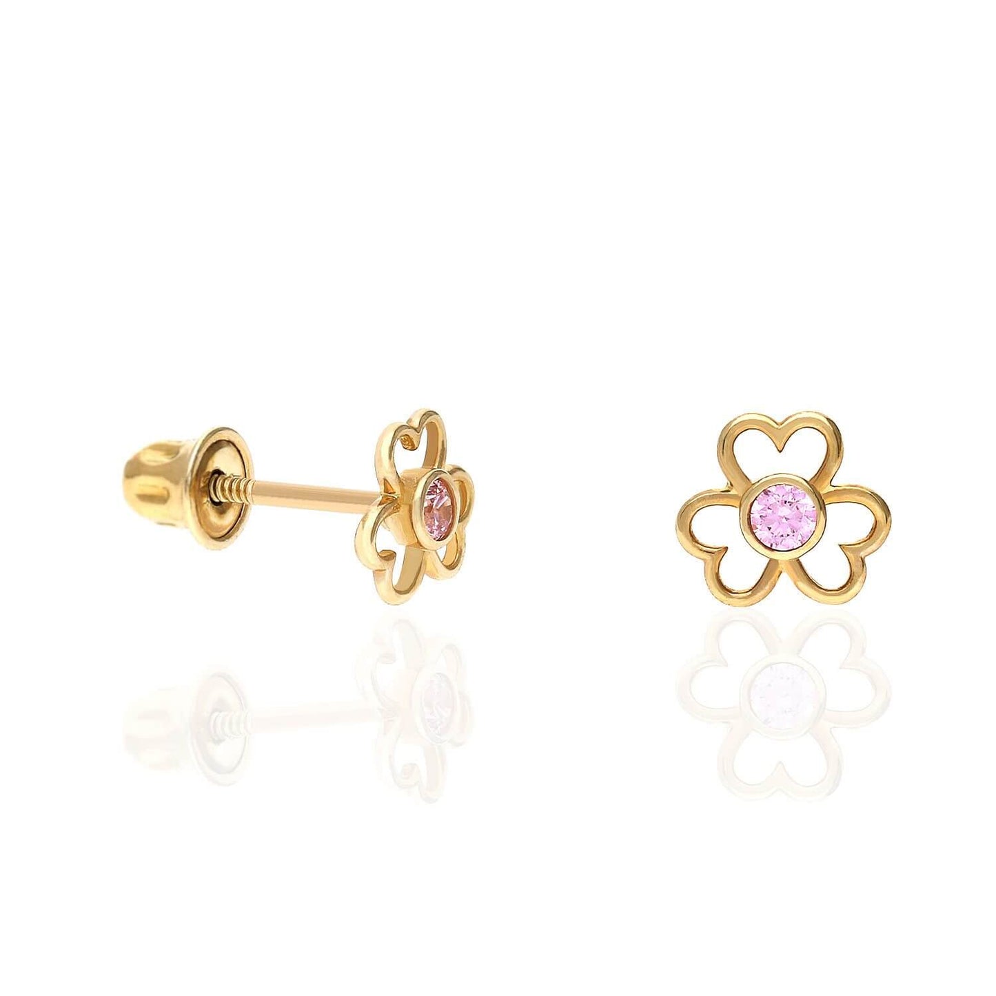 14K Yellow Gold Color Birthstone Open Flower Kids Screw Back Stud Earrings