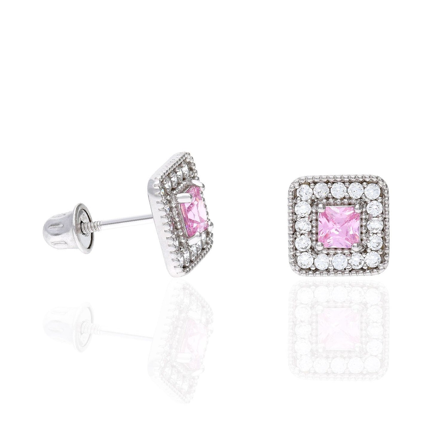 14K White Gold Square Color Gemstone Screw Back Halo Stud Earrings