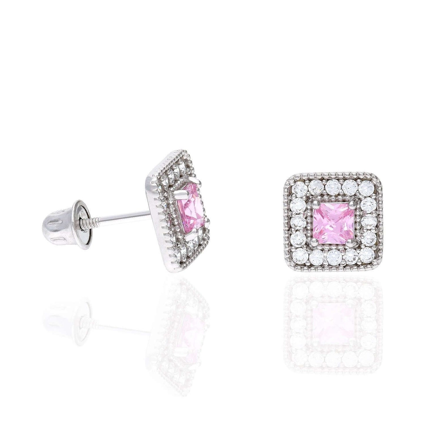 14K White Gold Square Color Gemstone Screw Back Halo Stud Earrings