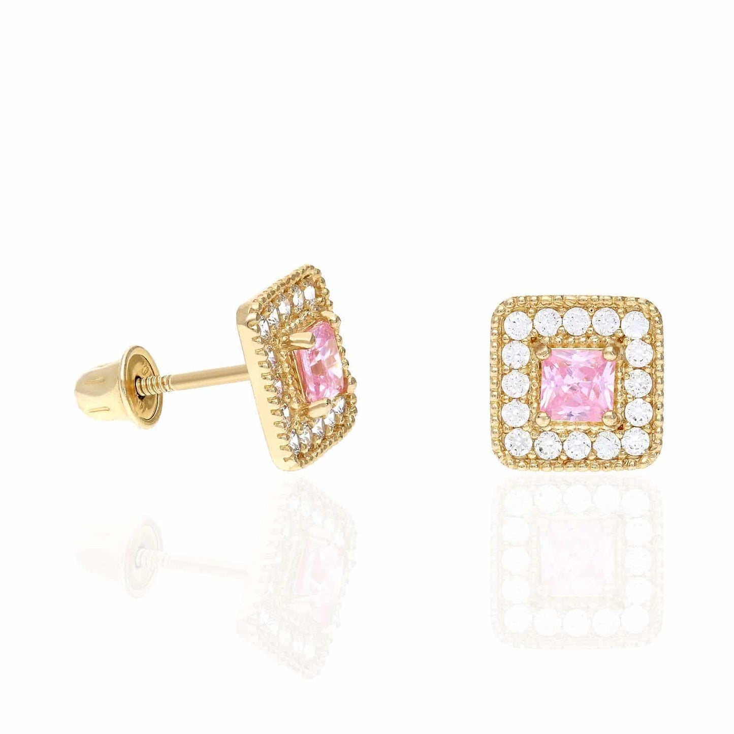 14K Yellow Gold Square Color Gemstone Screw Back Halo Stud Earrings