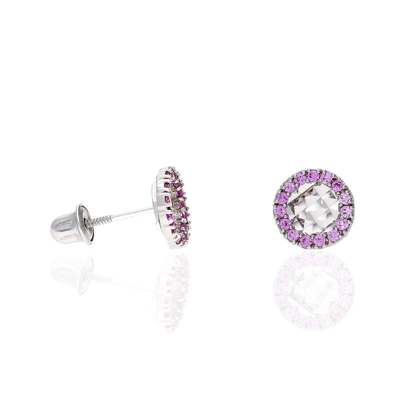 14K White Gold Diamond Cut Gemstone Round Halo 7mm Screw Back Stud Earrings