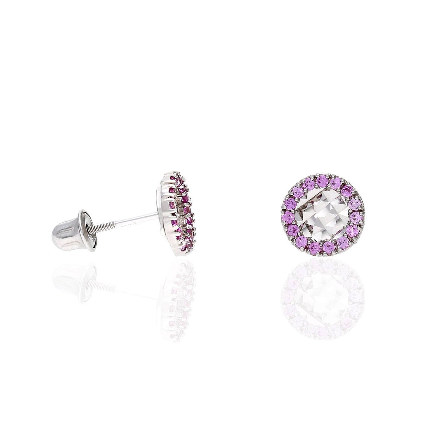 14K White Gold Diamond-Cut Gemstone Round Halo 7mm Screw Back Stud Earrings