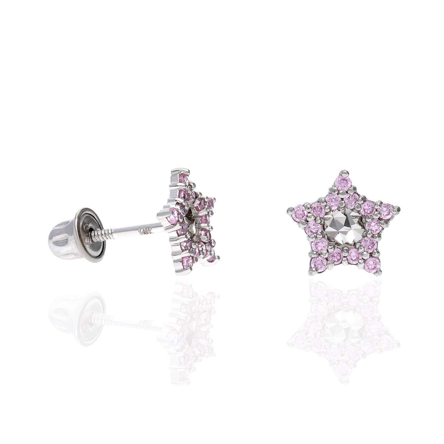 14K White Gold Diamond Cut Color Gemstone Little Star Screw Back Stud Earrings