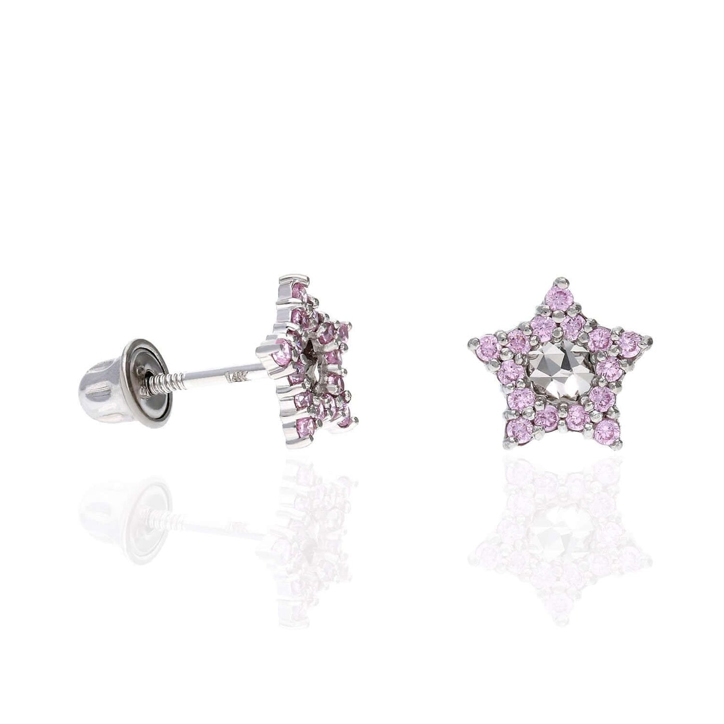 14K White Gold Diamond-Cut Color Gemstone Little Star Screw Back Stud Earrings