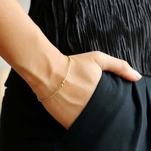 14K Yellow Gold White Rose 5.5mm Love Knot Cuff Bangle 6.5"