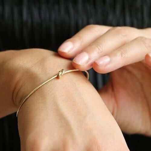 14K Yellow Gold White Rose 5.5mm Love Knot Cuff Bangle 6.5"