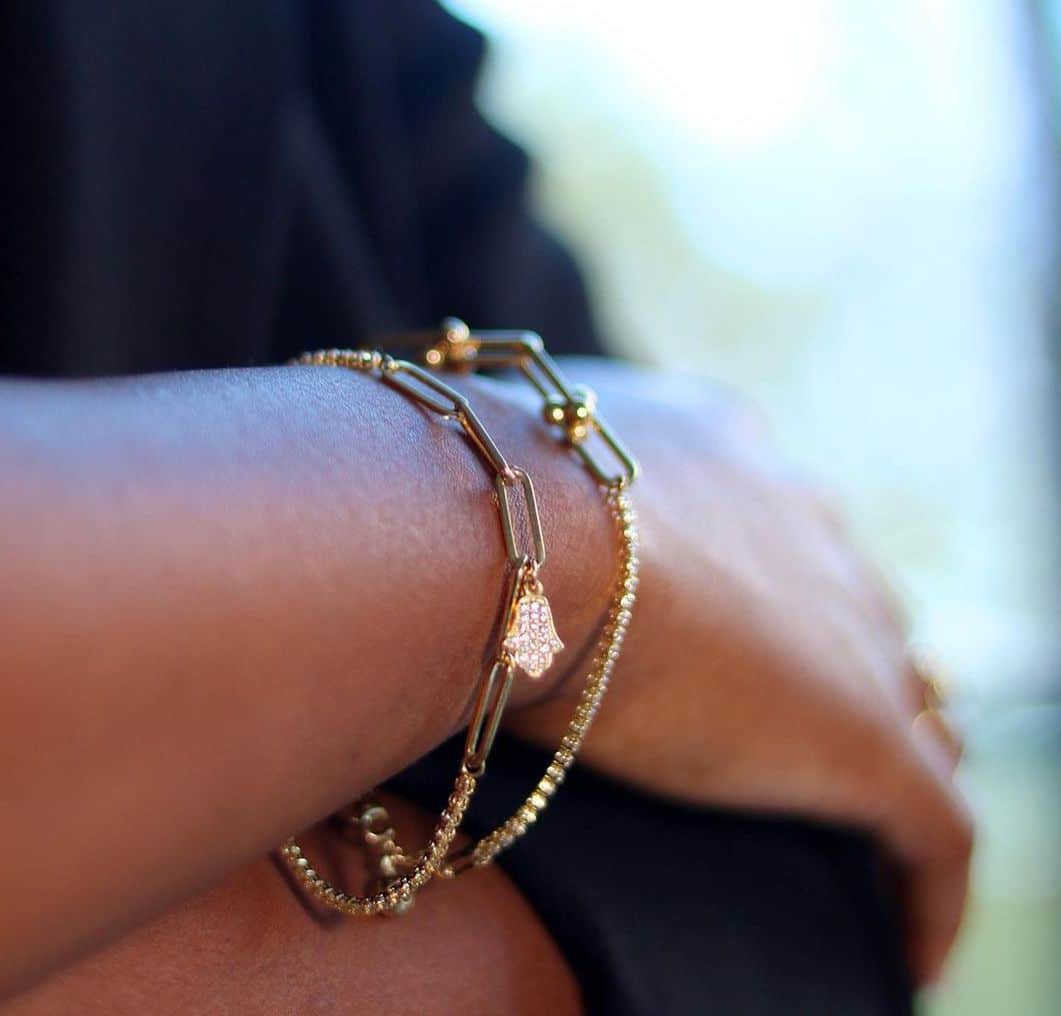14K Gold Yellow CZ Paperclip Hamsa Charm Tennis Bracelet 7"-7.75"