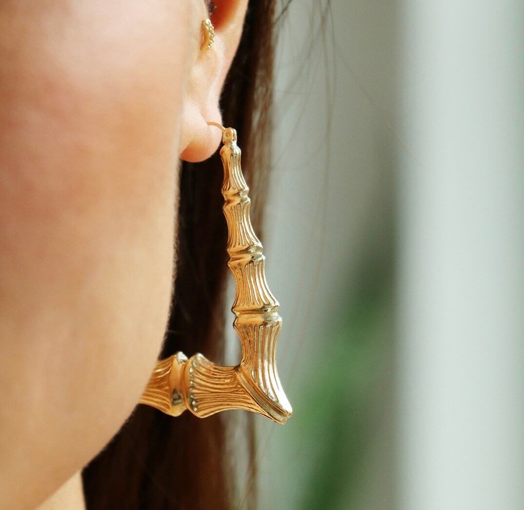 10K Yellow Gold Rectangular Bamboo Hoop Earrings 50mm-60mm