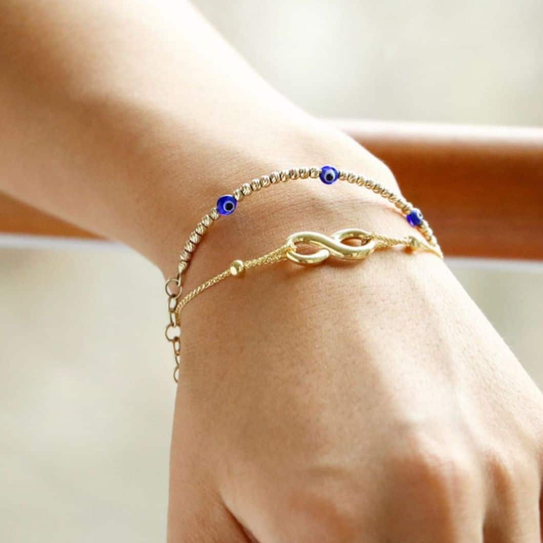 14K Gold Diamond-Cut Ball Beaded Evil Eye Bangle Bracelet 6.25"-7.5" Adjustable