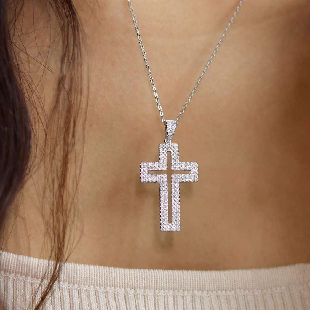 18K Gold Yellow White Over Silver CZ Pave Open Cross Pendant 1.5"