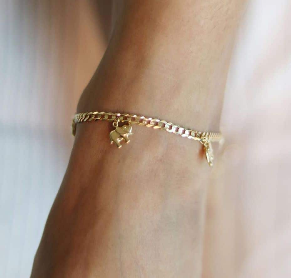 14K Yellow Gold Cuban 3.5mm Elephant Charm Anklet 9"-10" Adjustable